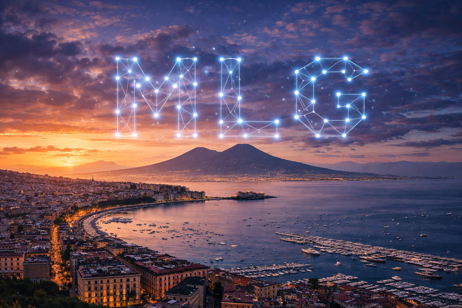 ChatGPT generated picture of a view of Naples with a graph floating in the sky that forms the letters MLG.